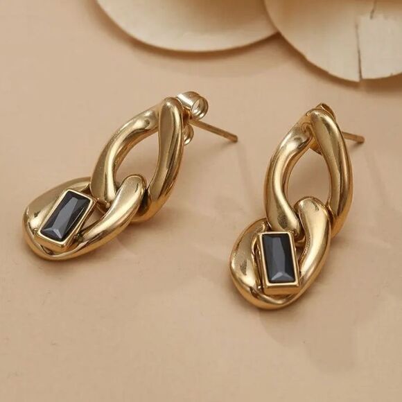 #46 Cuban Gold Stone Earrings - Picture 1 of 4
